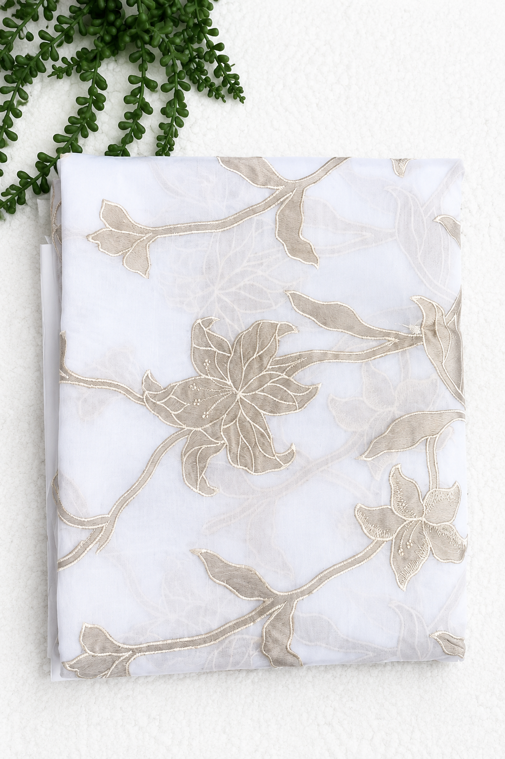 Organza Saree with Applique Floral Embroidery – White & Beige | Church Wear, Baptism & Special Occasion Saree