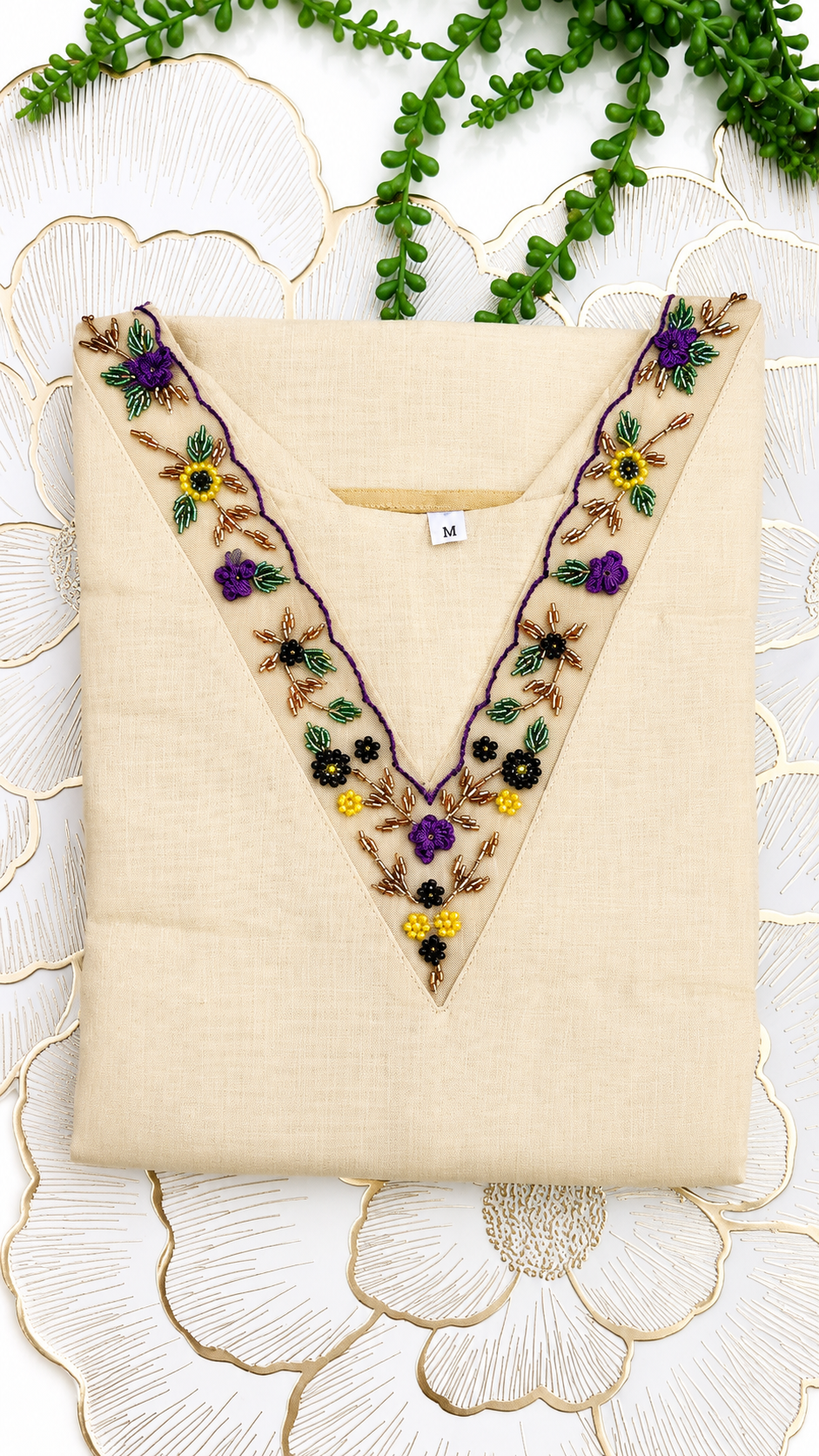 Tissue Cotton Kurta with Floral Thread & Bead Embroidery – Onam Collection | Cream V-Neck Kurta
