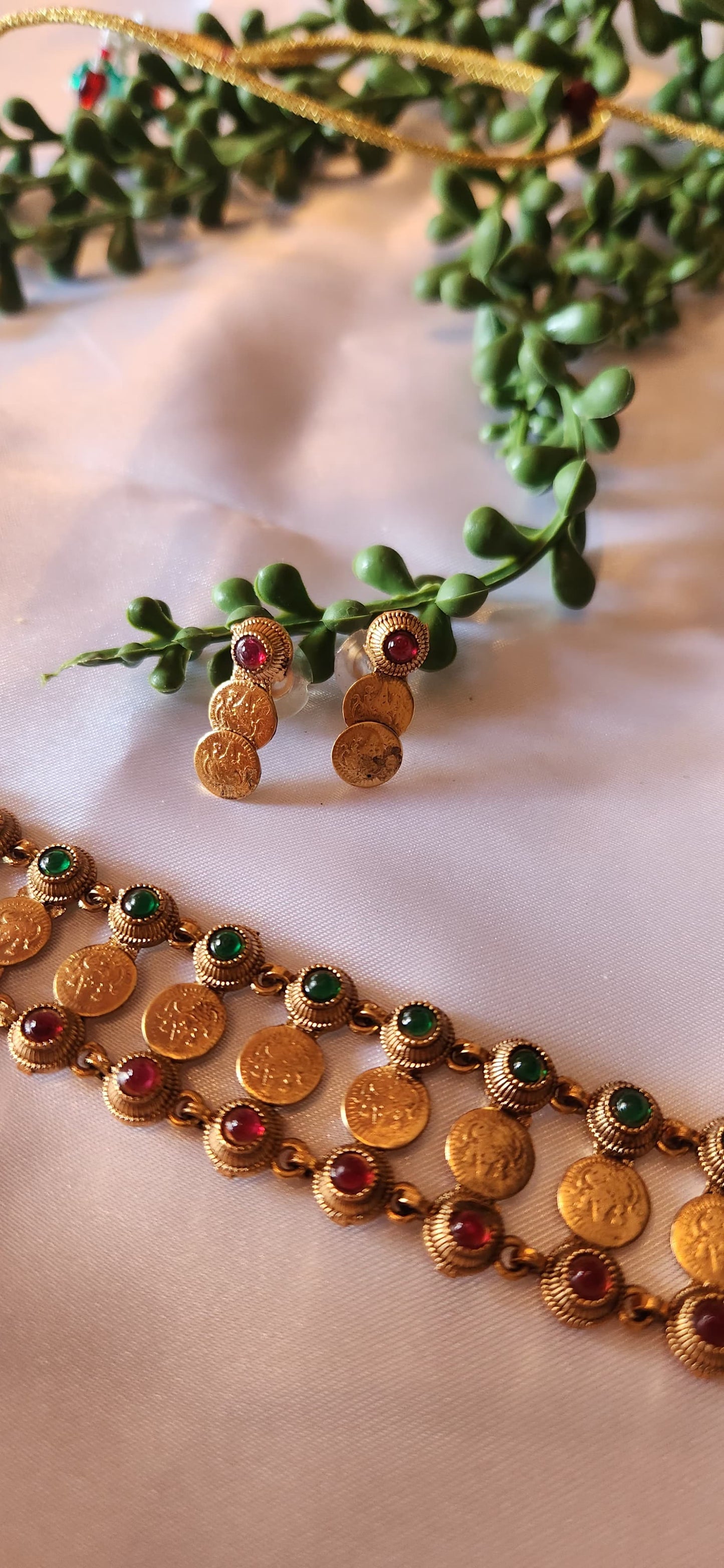 Antique Gold Temple Coin Choker & Earring Set