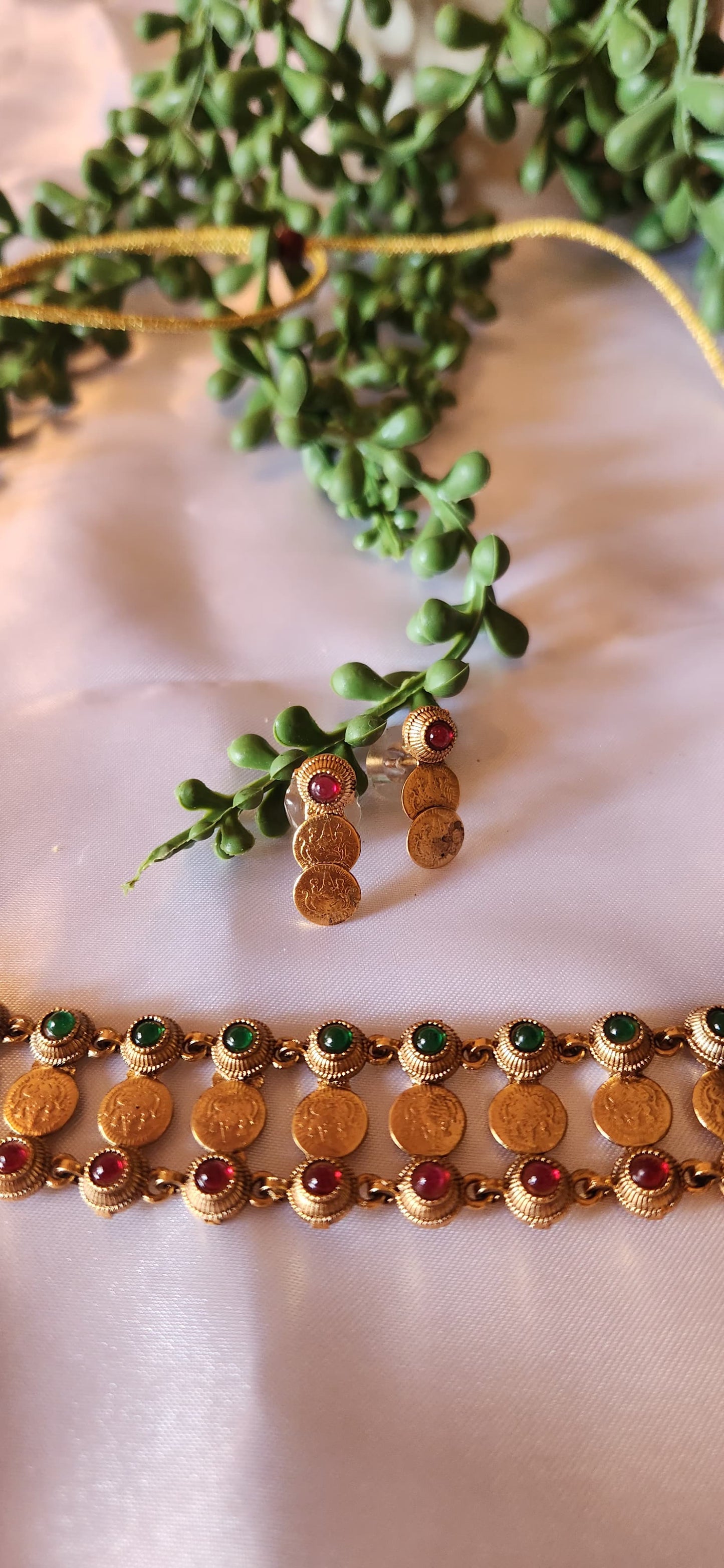 Antique Gold Temple Coin Choker & Earring Set