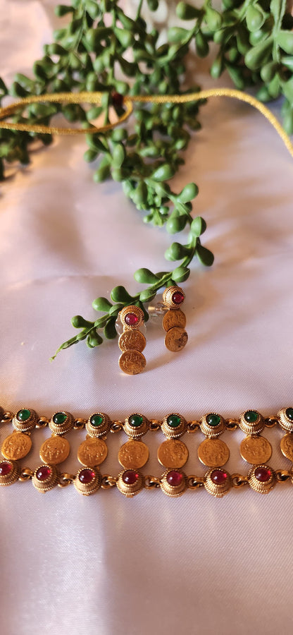 Antique Gold Temple Coin Choker & Earring Set
