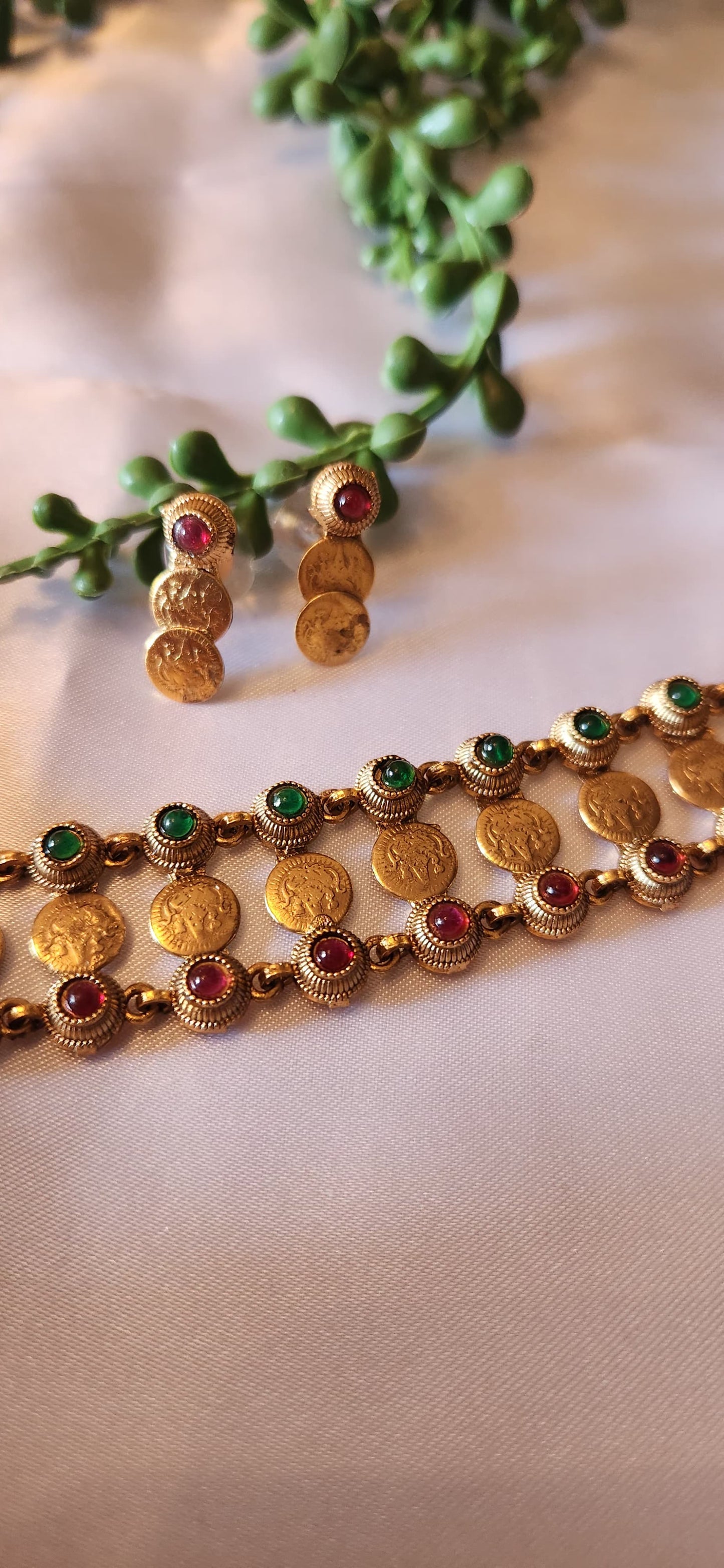 Antique Gold Temple Coin Choker & Earring Set