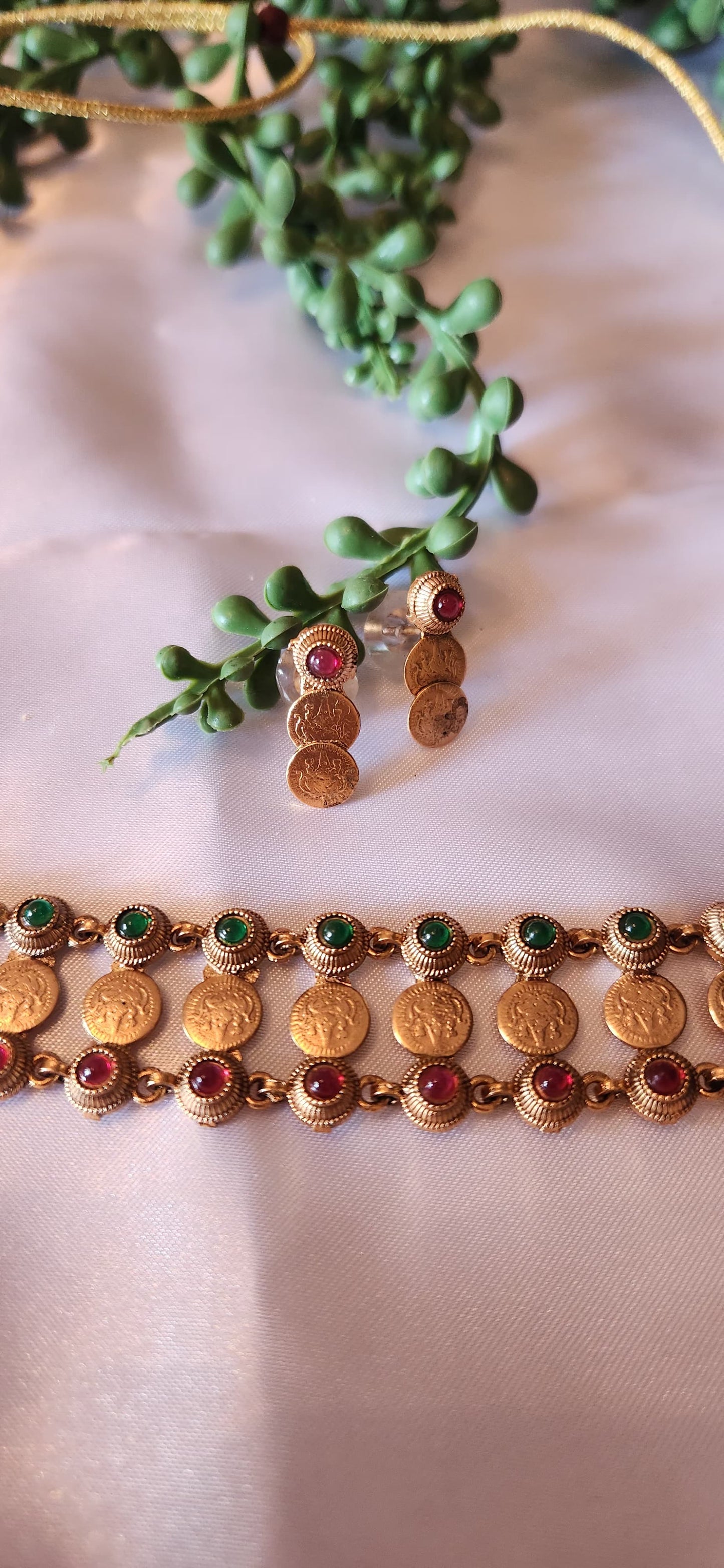 Antique Gold Temple Coin Choker & Earring Set