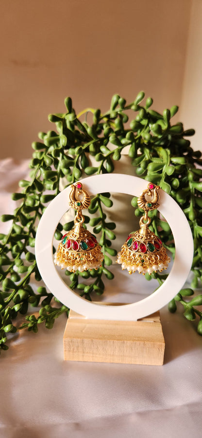 Antique Gold Peacock Jhumka Earrings with Kemp Stones