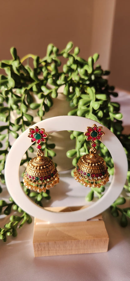 Antique Gold Floral Jhumka Earrings with Ruby & Emerald Detailing