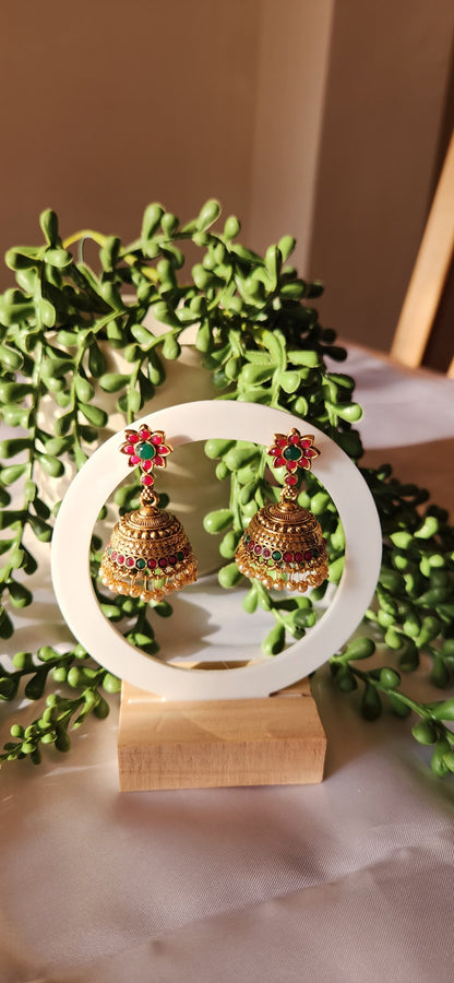 Antique Gold Floral Jhumka Earrings with Ruby & Emerald Detailing