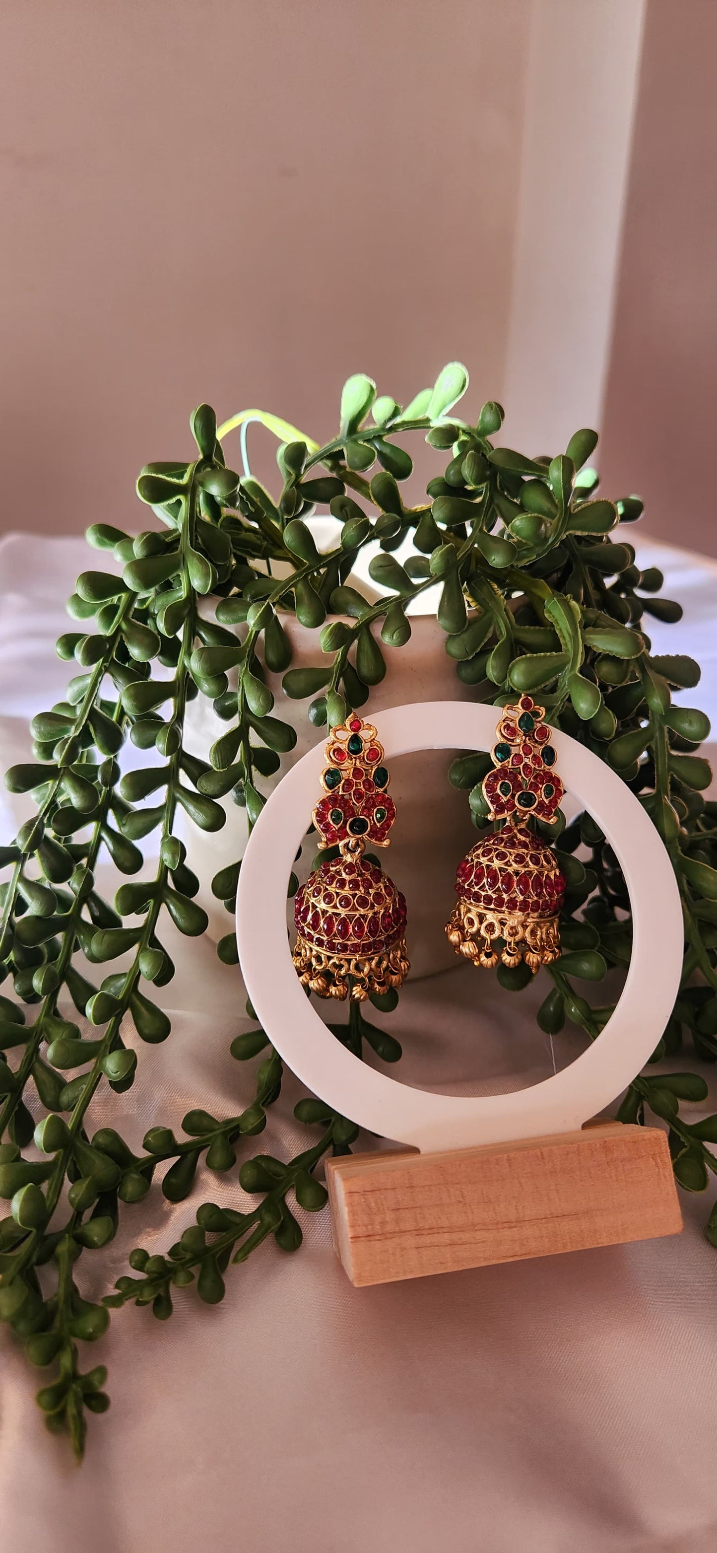 Antique Gold Ruby Kemp Crown Jhumka Earrings