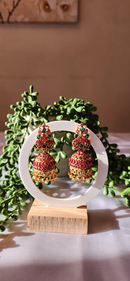 Antique Gold Ruby Kemp Crown Jhumka Earrings