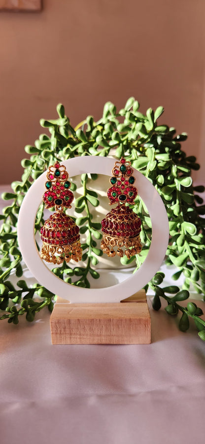 Antique Gold Ruby Kemp Crown Jhumka Earrings
