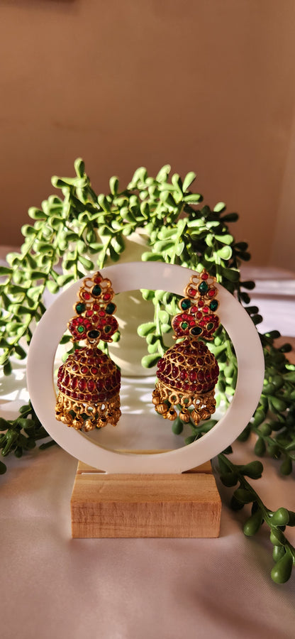 Antique Gold Ruby Kemp Crown Jhumka Earrings