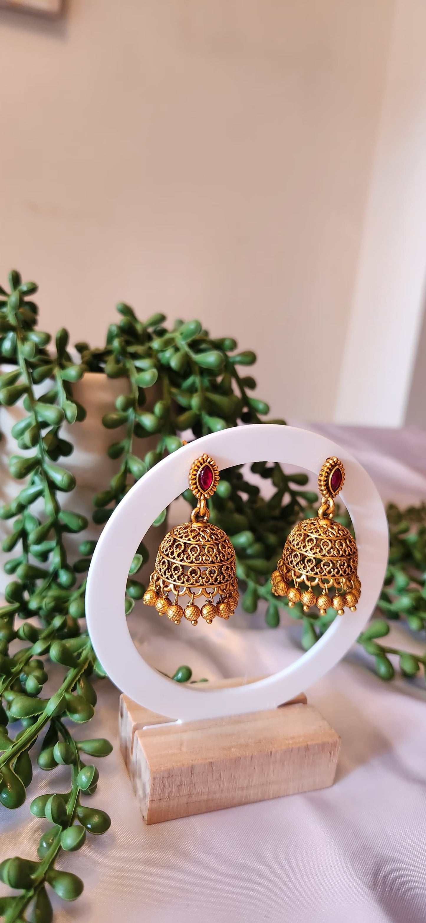 Antique Gold Filigree Bell Jhumka Earrings with Gold Bead Drops
