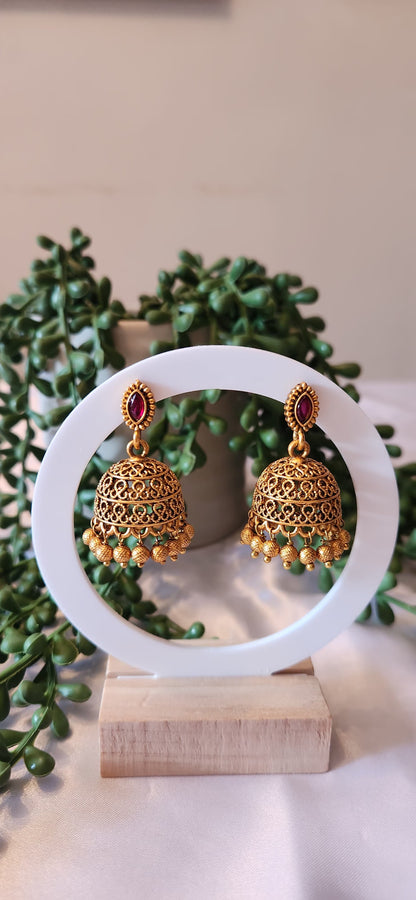 Antique Gold Filigree Bell Jhumka Earrings with Gold Bead Drops