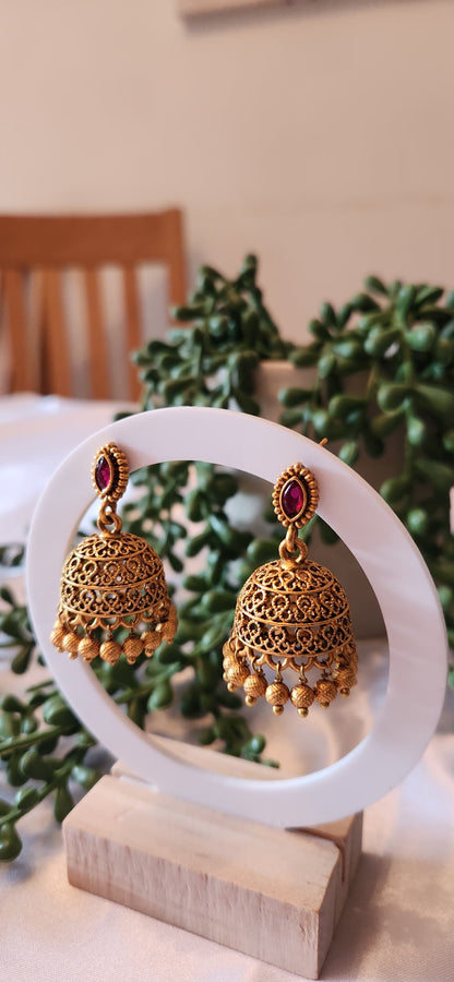 Antique Gold Filigree Bell Jhumka Earrings with Gold Bead Drops