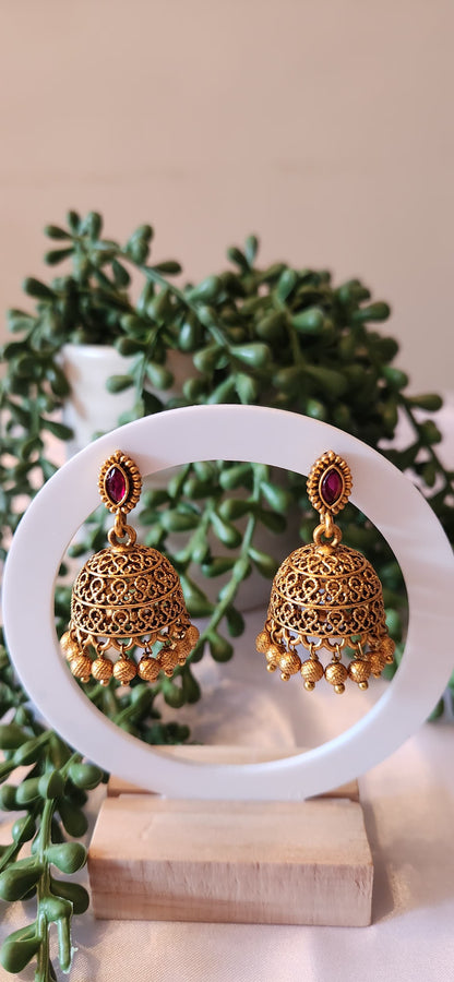 Antique Gold Filigree Bell Jhumka Earrings with Gold Bead Drops