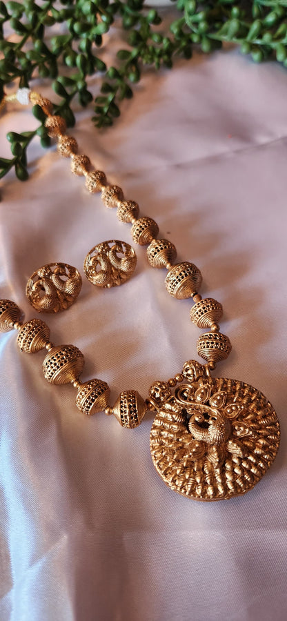 2-in-1 Reversible Antique Gold Peacock Medallion Necklace Set
