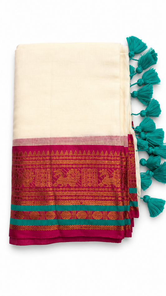 Mul Cotton Saree with Temple Border – Cream Base, Pink & Gold Zari Border with Teal Tassels | Traditional South Indian Saree