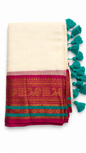 Mul Cotton Saree with Temple Border – Cream Base, Pink & Gold Zari Border with Teal Tassels | Traditional South Indian Saree
