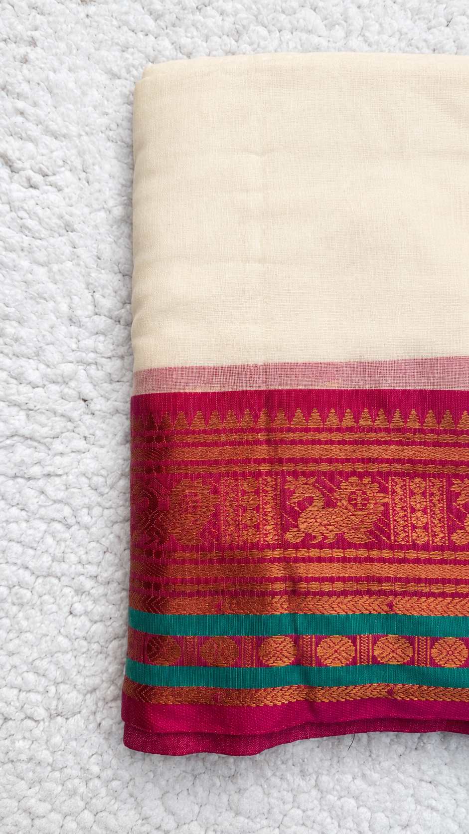 Mul Cotton Saree with Temple Border – Cream Base, Pink & Gold Zari Border with Teal Tassels | Traditional South Indian Saree