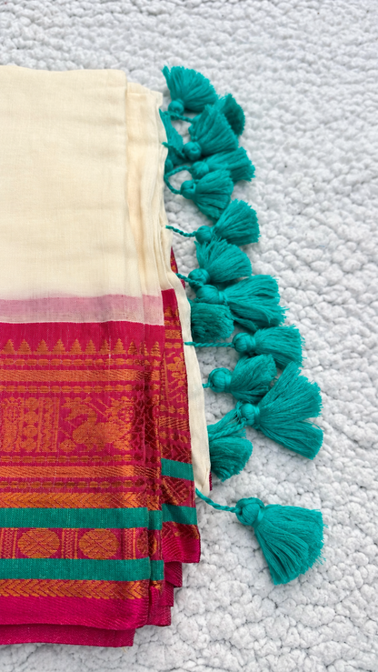 Mul Cotton Saree with Temple Border – Cream Base, Pink & Gold Zari Border with Teal Tassels | Traditional South Indian Saree