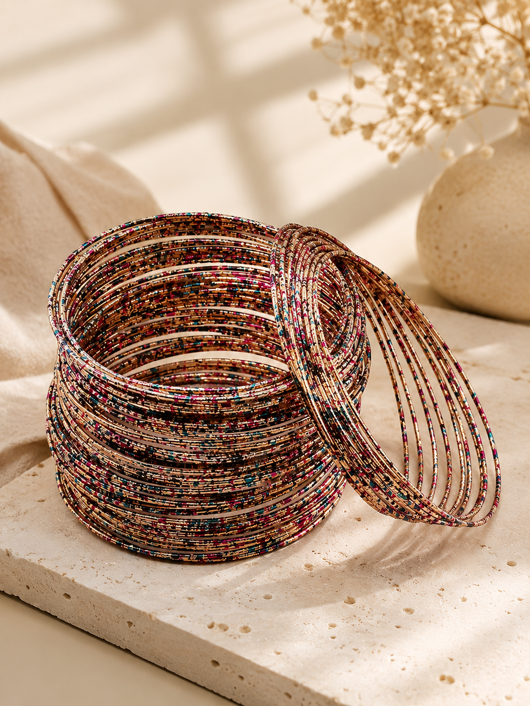 Gold-Tone Speckled Metal Bangle Set – Multicolour Glitter Detail | Traditional Indian Bangle Set of 30