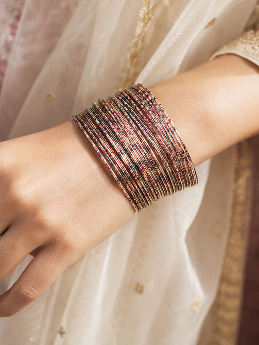 Gold-Tone Speckled Metal Bangle Set – Multicolour Glitter Detail | Traditional Indian Bangle Set of 30