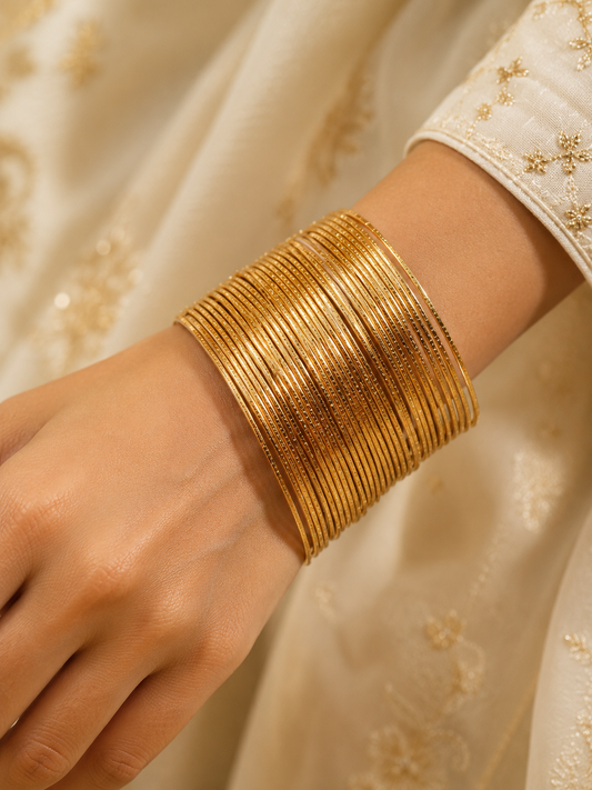 Gold-Tone Metal Bangle Set – Thin Stacking Bangles | Traditional Indian Bangle Set of 30