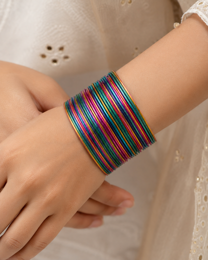 Multicolour Metal Bangle Set – Thin Stacking Bangles | Traditional Indian Bangle Set of 30 pieces