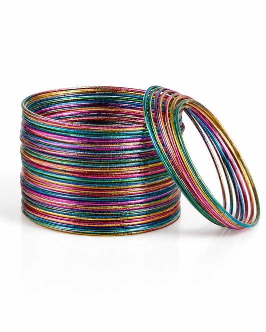 Multicolour Metal Bangle Set – Thin Stacking Bangles | Traditional Indian Bangle Set of 30 pieces