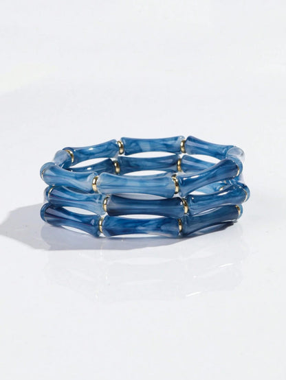 Bohemian Acrylic Bamboo Beaded Bracelet – Blue Marble Texture with Gold Accents | Set of 3 Stretch Bangles