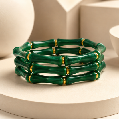 Bohemian Acrylic Bamboo Beaded Bracelet – Green Marble Texture with Gold Accents | Set of 3 Stretch Bangles