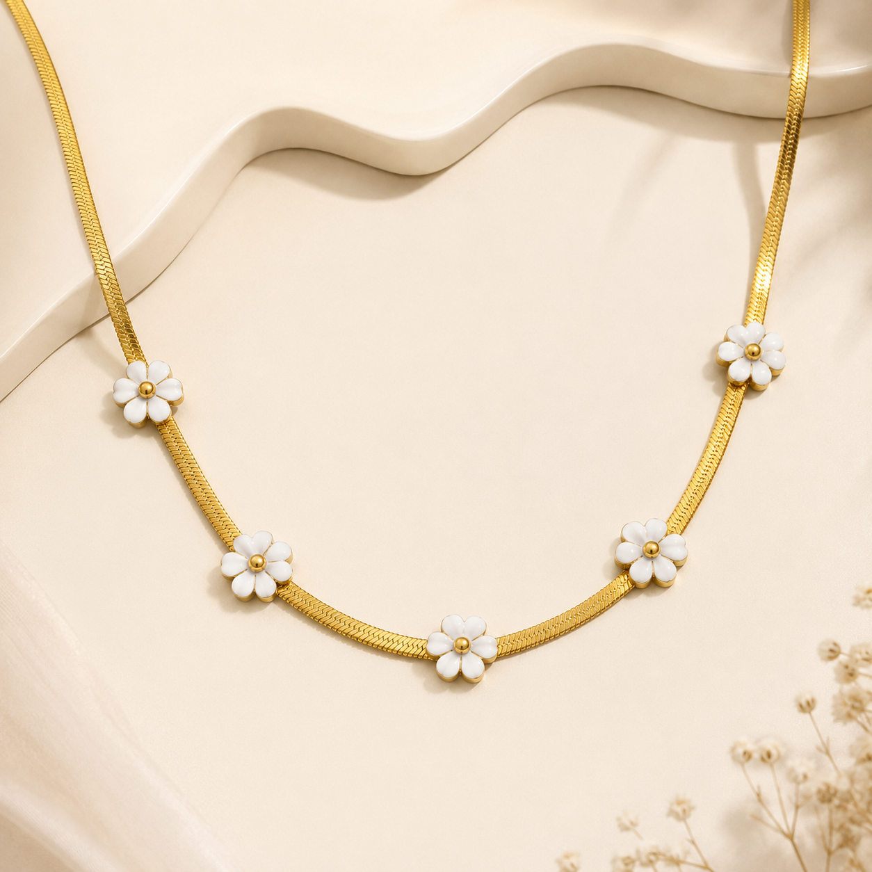 Gold-Tone Herringbone Chain Necklace with White Daisy Flowers – Enamel Floral Station Necklace