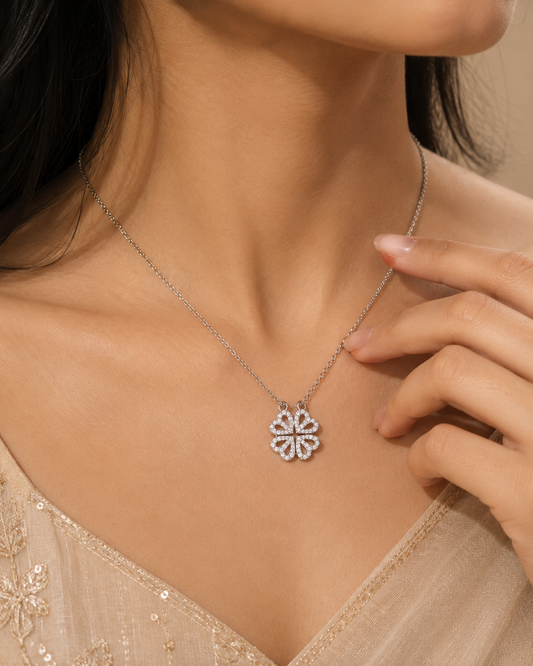 Silver-Tone Four Leaf Clover Necklace – CZ Studded Pendant on Fine Chain