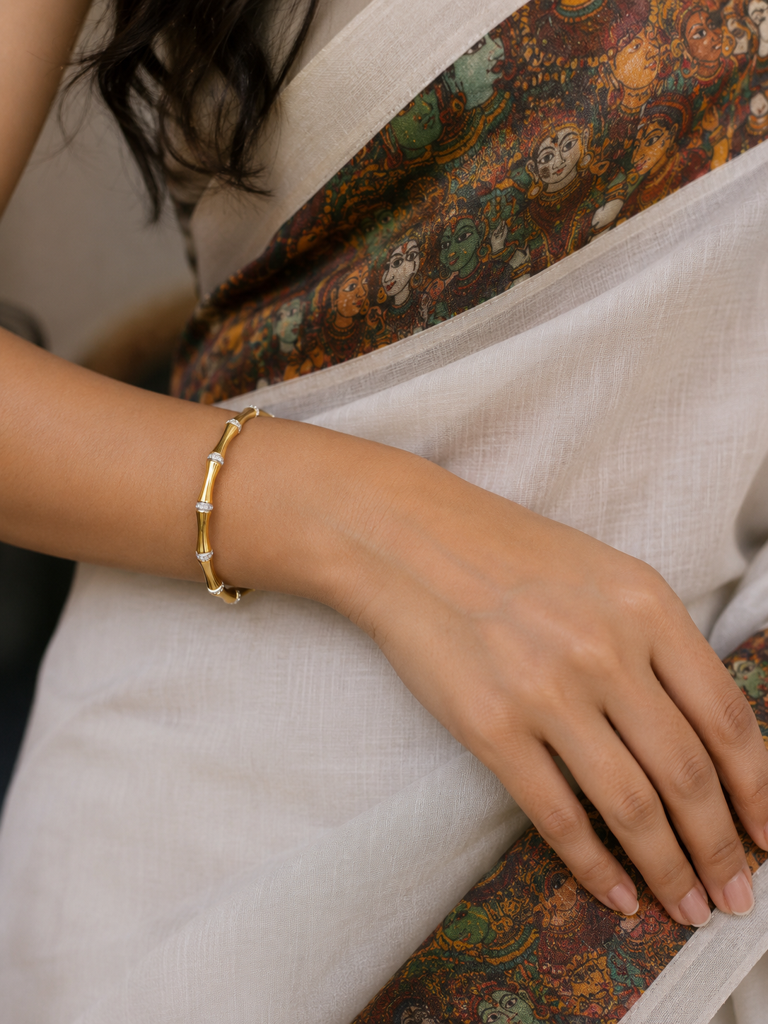 Elegant 18K Gold Plated Bamboo Knot Bangle Set with White Zirconia | Stainless Steel | 2-Piece Women’s Bracelet