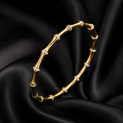 Elegant 18K Gold Plated Bamboo Knot Bangle Set with White Zirconia | Stainless Steel | 2-Piece Women’s Bracelet