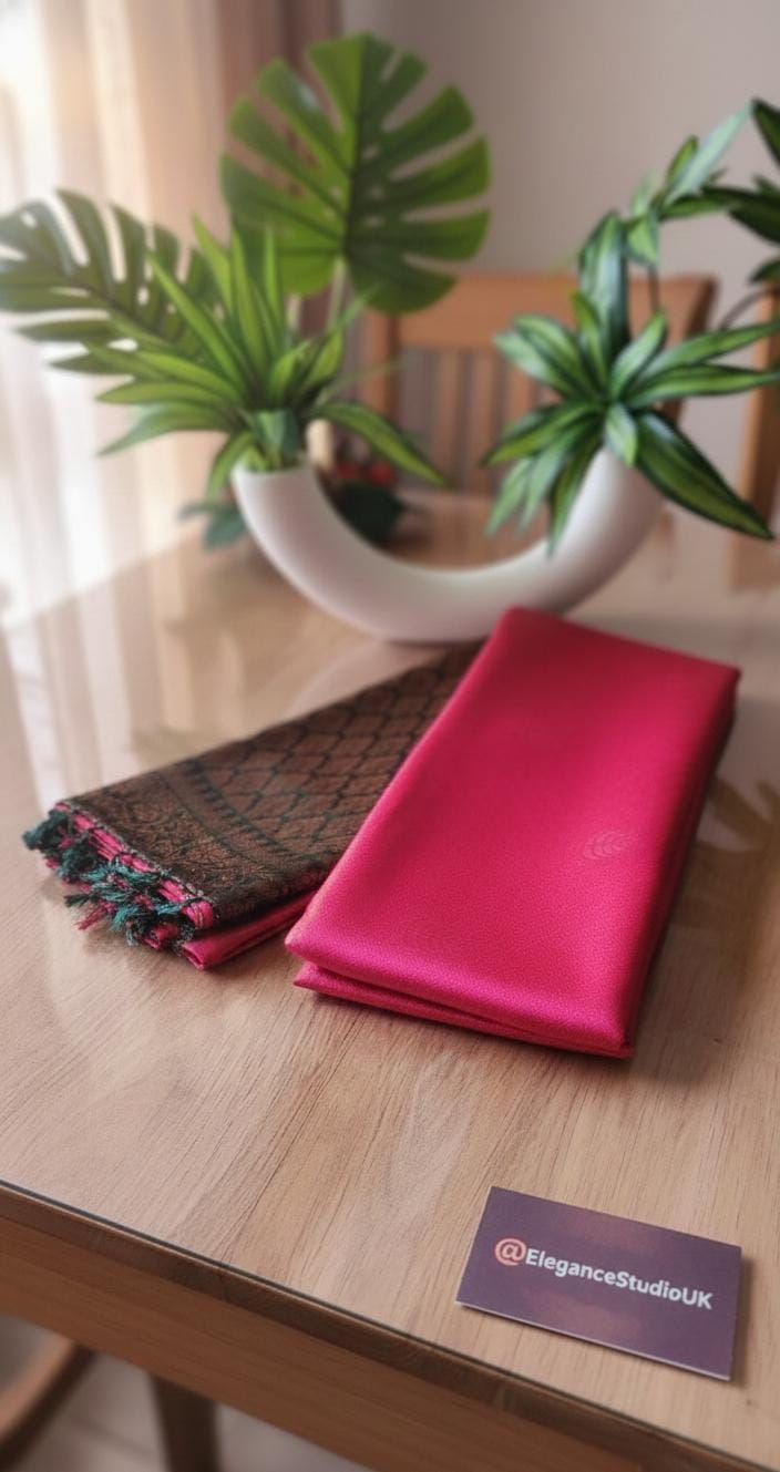 Kubera silk saree with a double-shaded woven silk body and intricately detailed traditional border, neatly styled on a wooden surface with minimal décor.