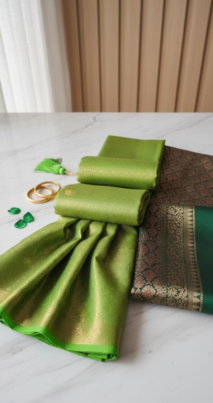 Kubera Silk Signature Traditional Border Saree with woven silk body and intricate traditional border, neatly styled on a tabletop with minimal décor.