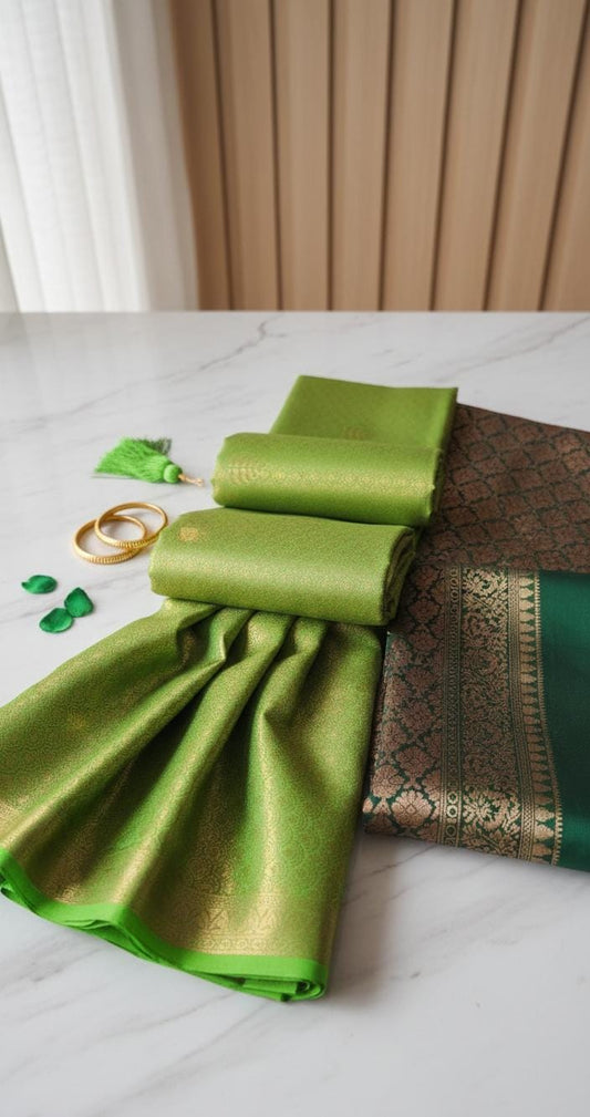 Kubera Silk Signature Traditional Border Saree with woven silk body and intricate traditional border, neatly styled on a tabletop with minimal décor.