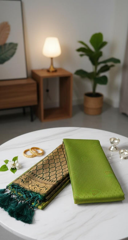 Kubera Silk Signature Traditional Border Saree with woven silk body and intricate traditional border, neatly styled on a tabletop with minimal décor.