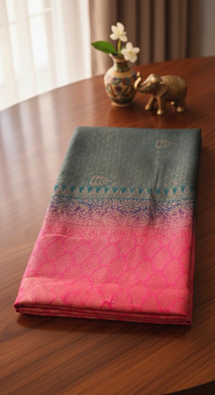 Kubera Silk Dual Weave Legacy Saree featuring a woven silk body with subtle self-patterns and a finely detailed traditional border, neatly styled on a wooden surface with classic décor.
