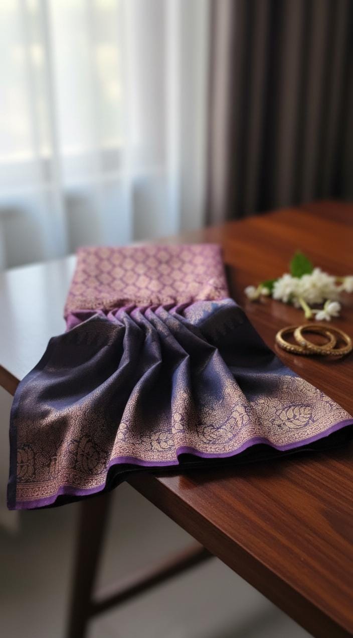 Kubera Silk Heirloom Weave Royale Saree featuring a woven silk body with intricate self-patterns and a finely crafted traditional border, styled on a wooden table with classic décor.