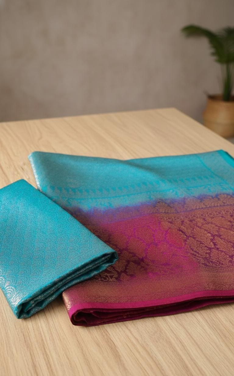 Double shaded teal and wine Kubera silk saree folded display