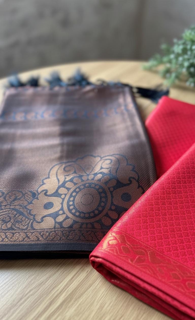 Crimson red Kubera silk saree with contrasting charcoal woven pallu