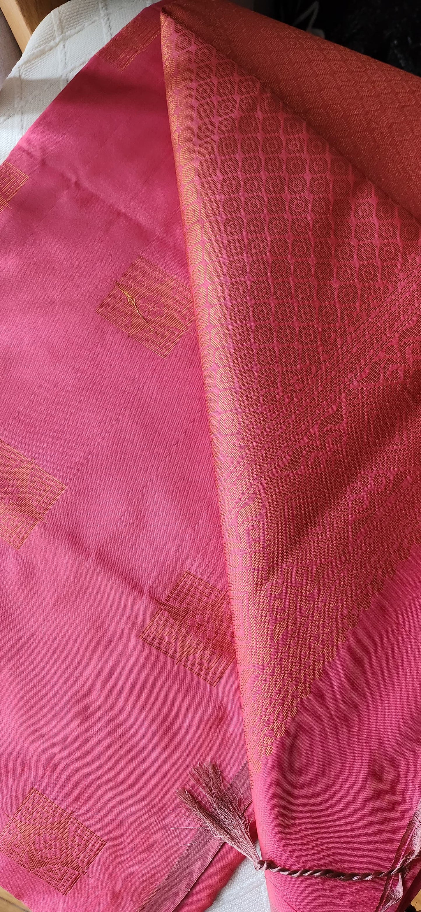 Pink Celeste soft silk saree with woven motifs and jacquard pallu, festive Indian ethnic wear for Christmas