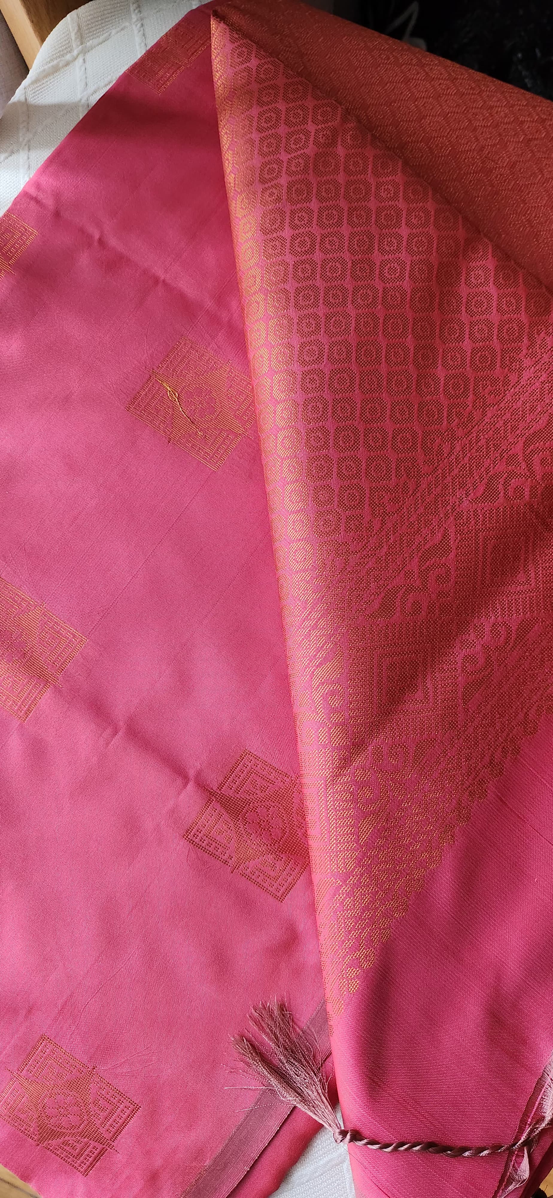 Pink Celeste soft silk saree with woven motifs and jacquard pallu, festive Indian ethnic wear for Christmas