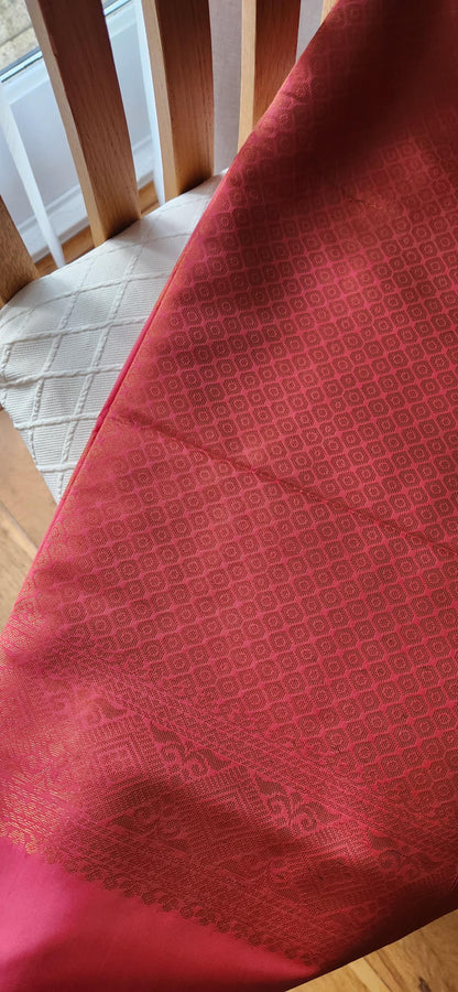 Pink Celeste soft silk saree with woven motifs and jacquard pallu, festive Indian ethnic wear for Christmas