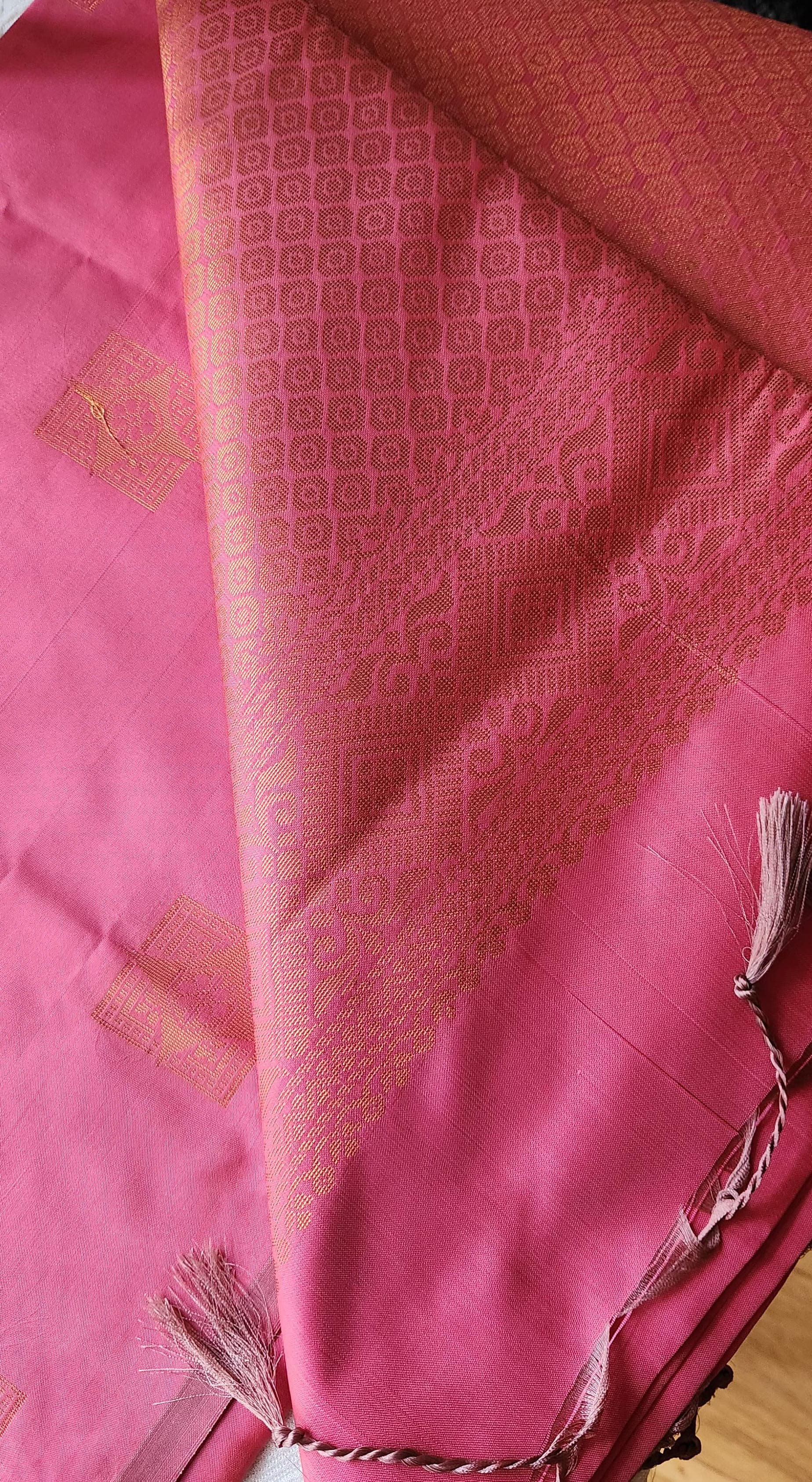 Pink Celeste soft silk saree with woven motifs and jacquard pallu, festive Indian ethnic wear for Christmas