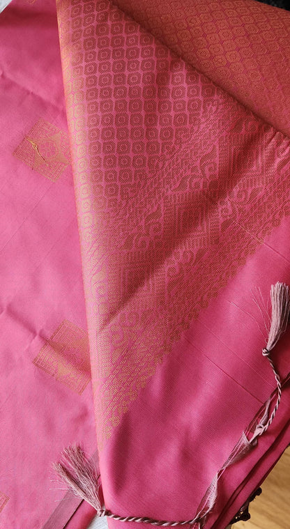 Pink Celeste soft silk saree with woven motifs and jacquard pallu, festive Indian ethnic wear for Christmas