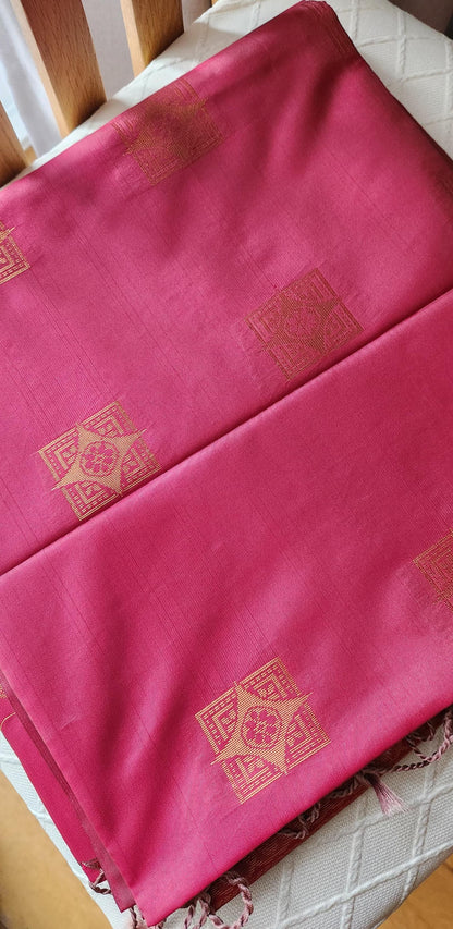 Pink Celeste soft silk saree with woven motifs and jacquard pallu, festive Indian ethnic wear for Christmas