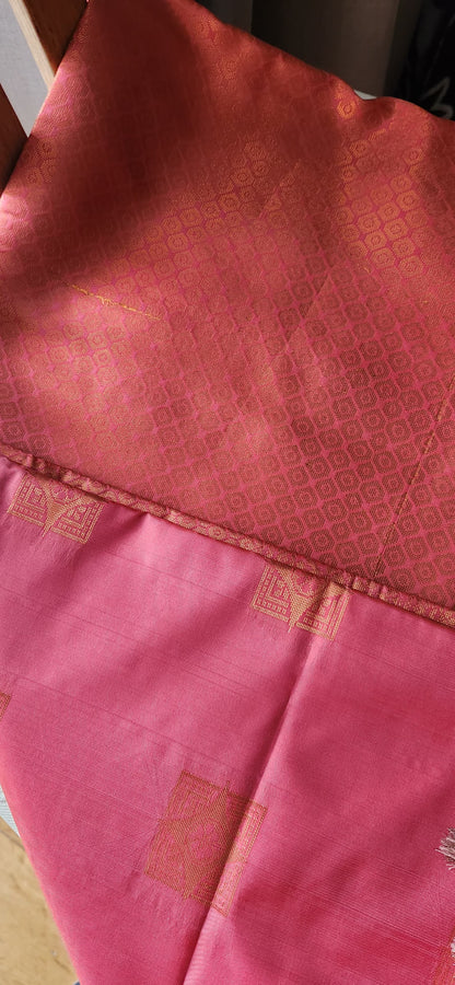 Pink Celeste soft silk saree with woven motifs and jacquard pallu, festive Indian ethnic wear for Christmas