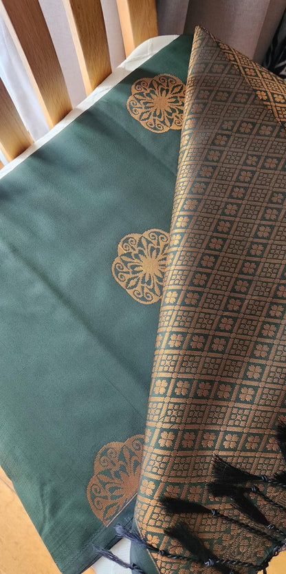 Emerald green soft silk saree with antique gold woven floral motifs